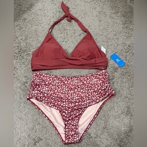 Cupshe Burgundy and Floral Bikini Set